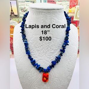 Blue Lapis Necklace with Coral Pendant